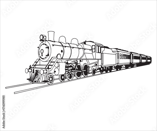 Steam Train with Passenger Cars Black and White Line Art Illustration
