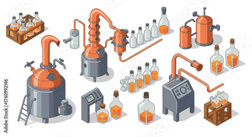Isometric distillery equipment and bottles with copper stills and glass containers