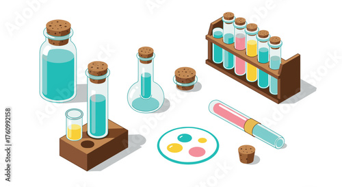 Isometric laboratory glassware with cork stoppers in science experiment setup
