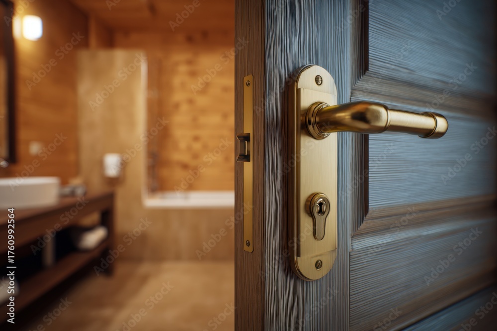 Obraz premium Ajar door to the bathroom. Modern brass door handle and lock. Dark brown wooden restroom open door with brushed copper hardware. Doorknob. Contemporary living space. Cleanliness and hygiene. Entrance.