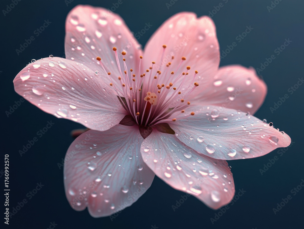 Fototapeta premium Delicate pink cherry blossom covered in dewdrops against dark background creates serene and fresh atmosphere. close up highlights intricate details of petals and stamens