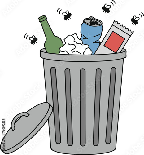 Overflowing garbage can with flies, grungy cartoon vector illustration
