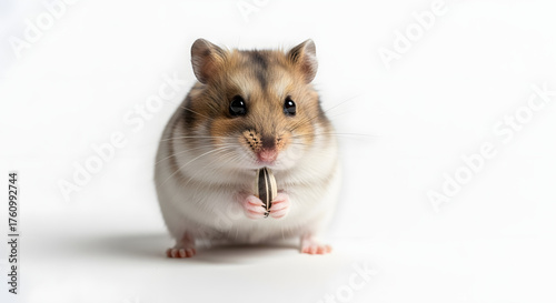 Pet Hamster Eating Small Treat on White Background