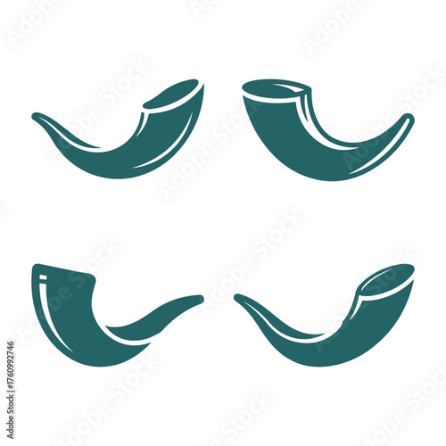 Various shofars vintage flat icon set, traditional jewish rosh hashanah festival ritual object made from rams horn.