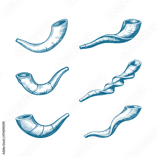 Various shofars vintage Hand-drawn icon set, traditional jewish rosh hashanah festival ritual object made from rams horn.