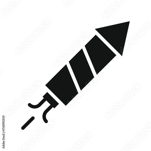 Simple black silhouette of a rocket firework exploding with trails of smoke against a white background