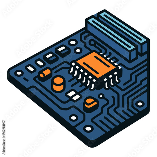 A blue and orange electronic component. The component is a transistor. Vector.