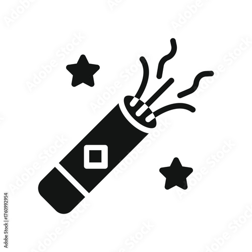 Black silhouette of a party popper exploding with streamers and stars for celebrations and festive occasions