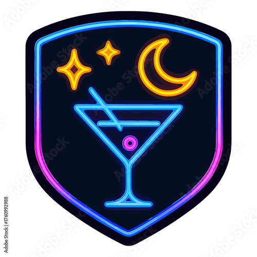 A neon sign of a martini glass with a cherry on top. The glass is illuminated in neon colors and the cherry is also lit up. Vector.