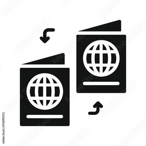 Two open passports with globe symbols and directional arrows indicating exchange or transfer of travel documents