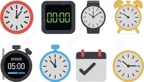 Collection of modern clocks, timers, and stopwatches in minimalist 3D design showing different time concepts for productivity and schedule management