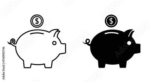 Two piggy banks, one in outline and one solid, are shown with a coin being inserted into the top of.