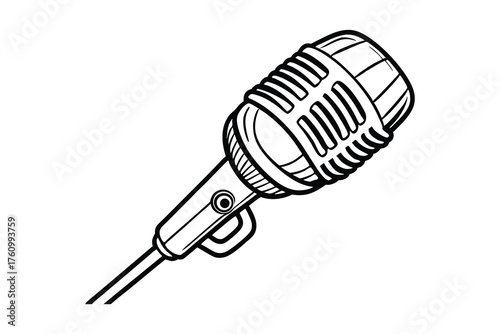 Handheld Microphone Line Art Illustration – Audio Recording Mic Outline Drawing on White Background