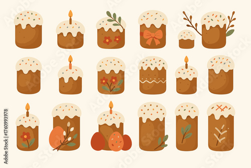 A set of cute icons of Easter cakes (Easter kulich) in pastel colors. Each kulich is decorated with candles, berries, stars,” decorative elements, twigs, and bows.