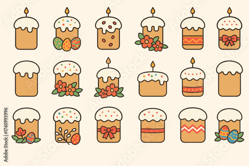 A set of cute icons of Easter cakes (Easter kulich) in pastel colors. Each kulich is decorated with candles, berries, stars,” decorative elements, twigs, and bows.