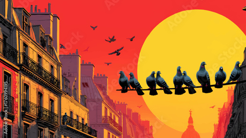 Vibrant urban sunset with pigeons perched above glowing city skyline, modern architectural vector background for travel, lifestyle, and creative presentation designs