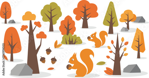 flat autumn forest illustration with orange and green trees, cute squirrels holding acorns, fallen leaves, and natural woodland elements