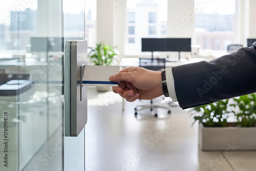 businessman using access card to enter modern office through glass door, concept of security, technology, workplace access control, digital authorization, and corporate data protection