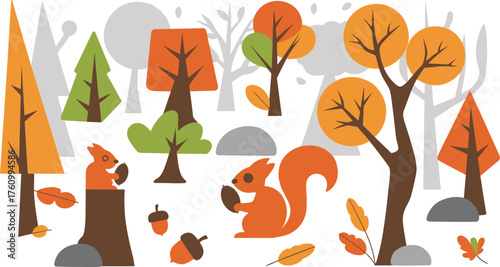 flat autumn forest illustration with orange and green trees, cute squirrels holding acorns, fallen leaves, and natural woodland elements