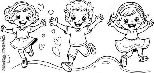 Happy children jumping together on playground, friendship and joy, smiling kids playing outdoor in fun activity, black and white illustration