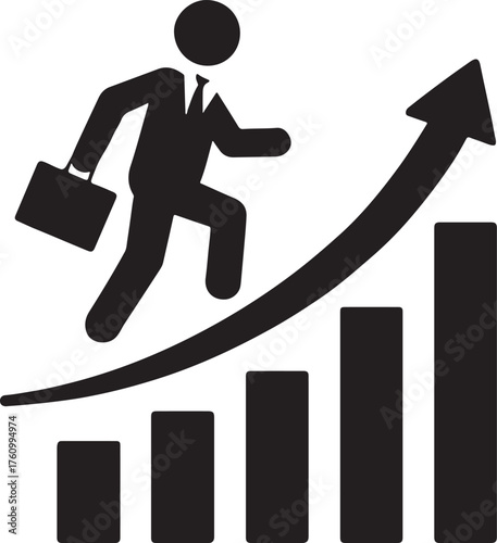 Dynamic businessman running up growth chart symbolizing success, progress, and financial achievement.