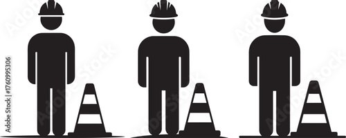Three construction workers in hard hats standing next to traffic cones silhouette