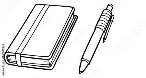Notebook and Pen Line Art Illustration – Office Stationery Outline Drawing on White Background