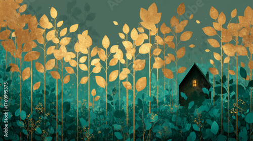 Elegant dark cottage glowing softly behind golden stylized leaves in tranquil teal botanical night vector background.
