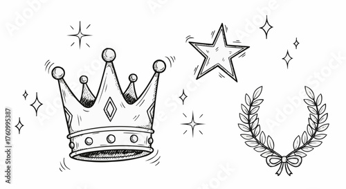 Crown, Star, and Laurel Wreath Sketch Illustration.
