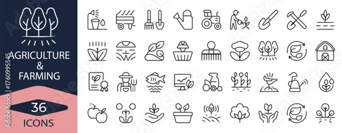 Agriculture and farming line icon set.Showing plants, tractors, tools, and harvest symbols. Perfect for eco, organic, and sustainable farming concept designs.