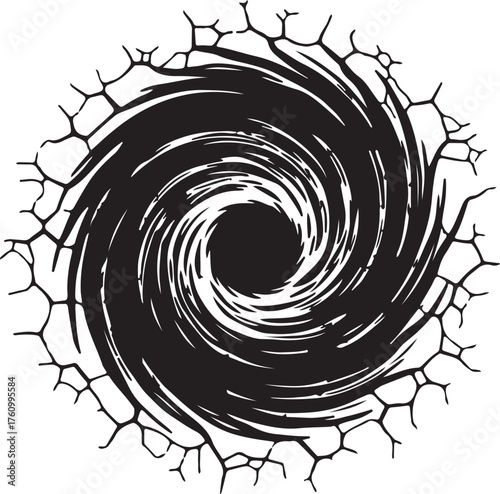 Abstract black whirlpool swirl with cracked texture — vortex energy and dynamic motion vector illustration