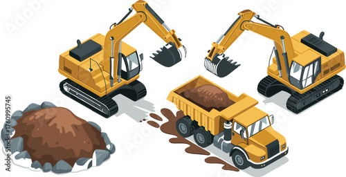 Isometric 3D construction scene with yellow excavators loading dump truck, soil pile, heavy machinery illustration, industrial earthmoving equipment design