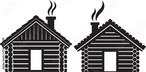 Two rustic log cabins with smoke coming from chimneys silhouette