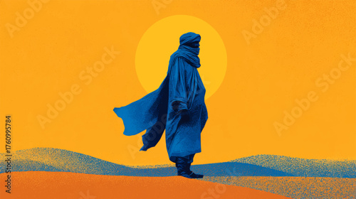 Striking Tuareg man in vivid indigo robe standing against golden desert sun in bold minimalist vector composition.