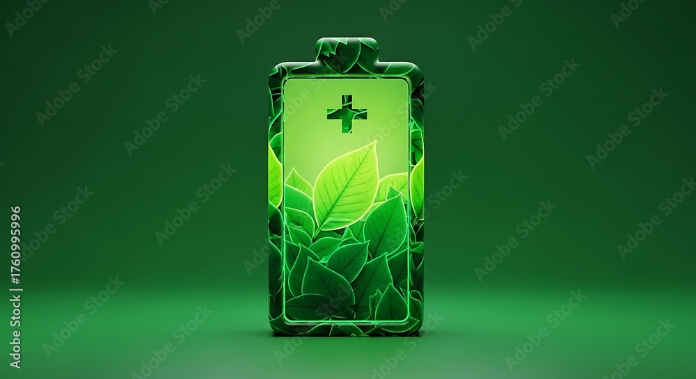 Obraz premium Green Leaf Filled Smartphone with Medical Cross on Screen in Eco Friendly Environment