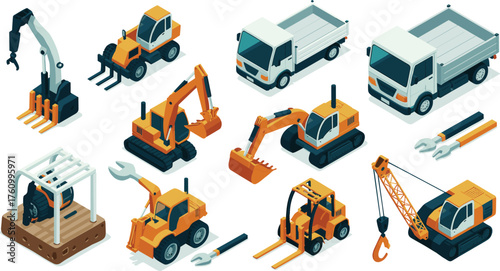 Isometric 3D construction vehicle set with excavators, cranes, forklifts, trucks, and heavy machinery equipment, industrial building transport illustration design