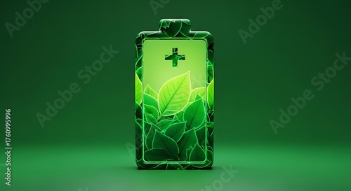 Green Leaf Filled Smartphone with Medical Cross on Screen in Eco Friendly Environment