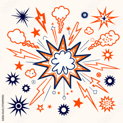 Orange and Blue Comic Explosion with Stars and Lightning Bolts