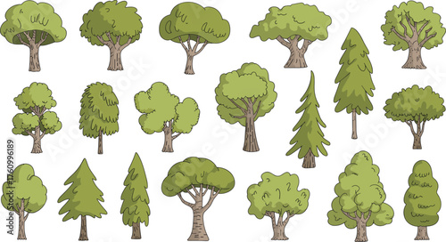 Isometric 3D forest tree collection with various green foliage, pine trees, deciduous trees, cartoon style nature illustration, eco landscape design