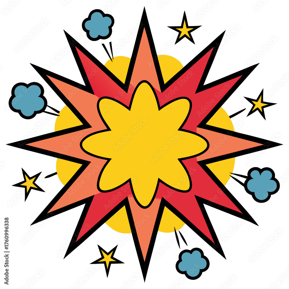 Fototapeta premium Red and orange comic explosion with yellow circle and blue clouds Keywords: explosion, comic