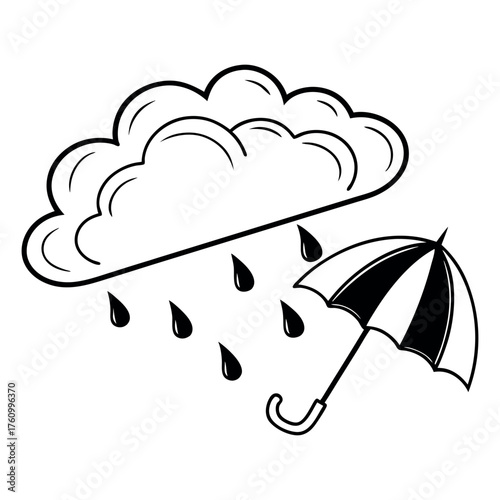 Cartoon cloud raining on an umbrella Keywords: rain, cloud, umbrella, weather, storm, drops