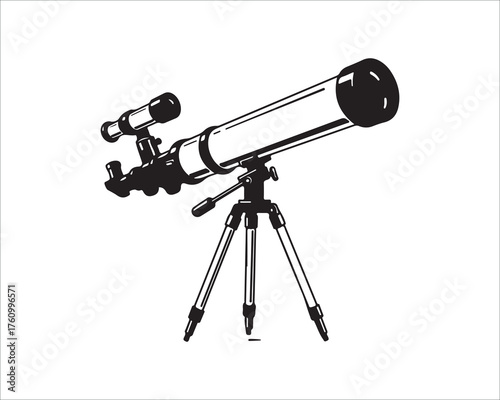 Black and white graphic telescope illustration for astronomy stargazing concept