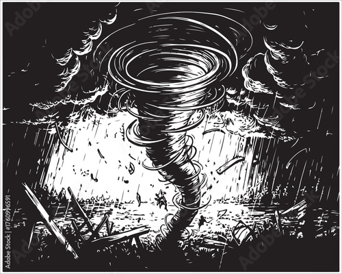 Black and white illustration of a tornado with heavy rain disaster
