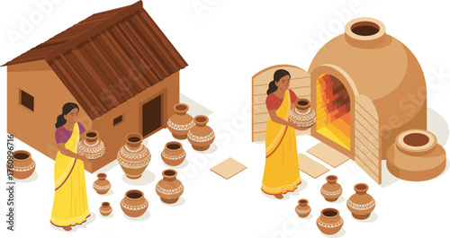 Isometric 3D illustration of Indian village women making pottery, clay house, earthen pots, traditional rural lifestyle and craftsmanship