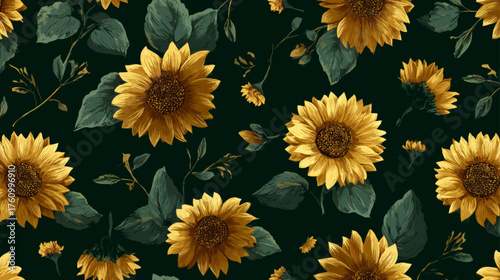 Elegant seamless pattern of golden blooming sunflowers and lush green leaves forming luxurious decorative botanical vector design.