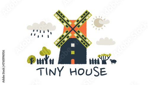 Cute tiny windmill with doodle trees clouds in a village.
