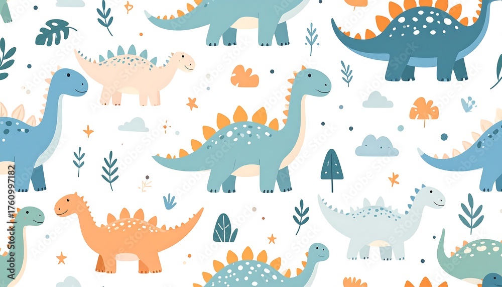 Fototapeta premium A repeating pattern of friendly, cartoon dinosaurs on a white backdrop