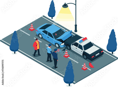 isometric 3d illustration of police officers investigating car accident scene at night with damaged vehicles, traffic cones, and street light