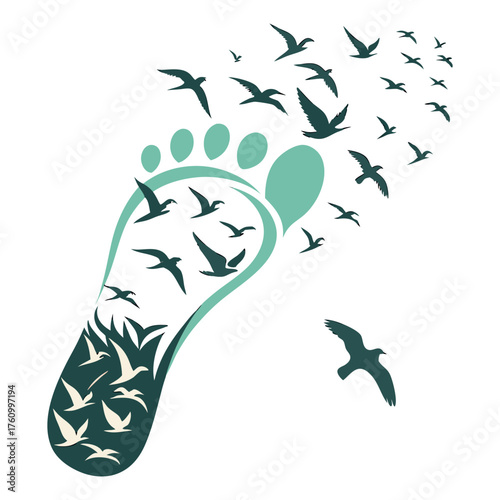 Footprint silhouette with flock of birds flying out