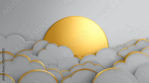 Radiant golden sun illuminating layered silver clouds in peaceful minimalist sky scene with luxurious metallic texture vector design.